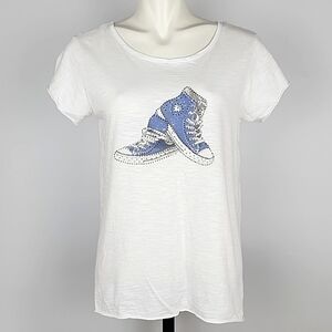 For The Republic Women's White Tee Shirt High Top Blue Rhinestone Sneaker S